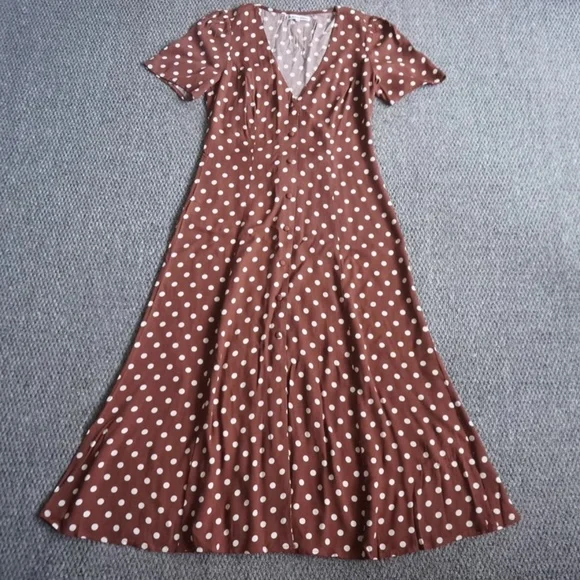 NEW Reformation Locklin French Midi Dress - Au Lait Chocolate Polka Dots - Picture 3 of 8